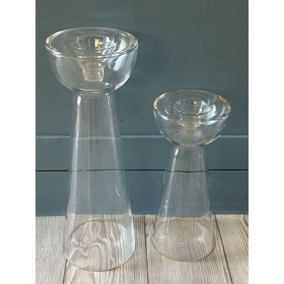 Tall Unbranded 2 Votive /Taper Candle Holders 13 1/5, 10” Clear Glass Preowned - Picture 1 of 4